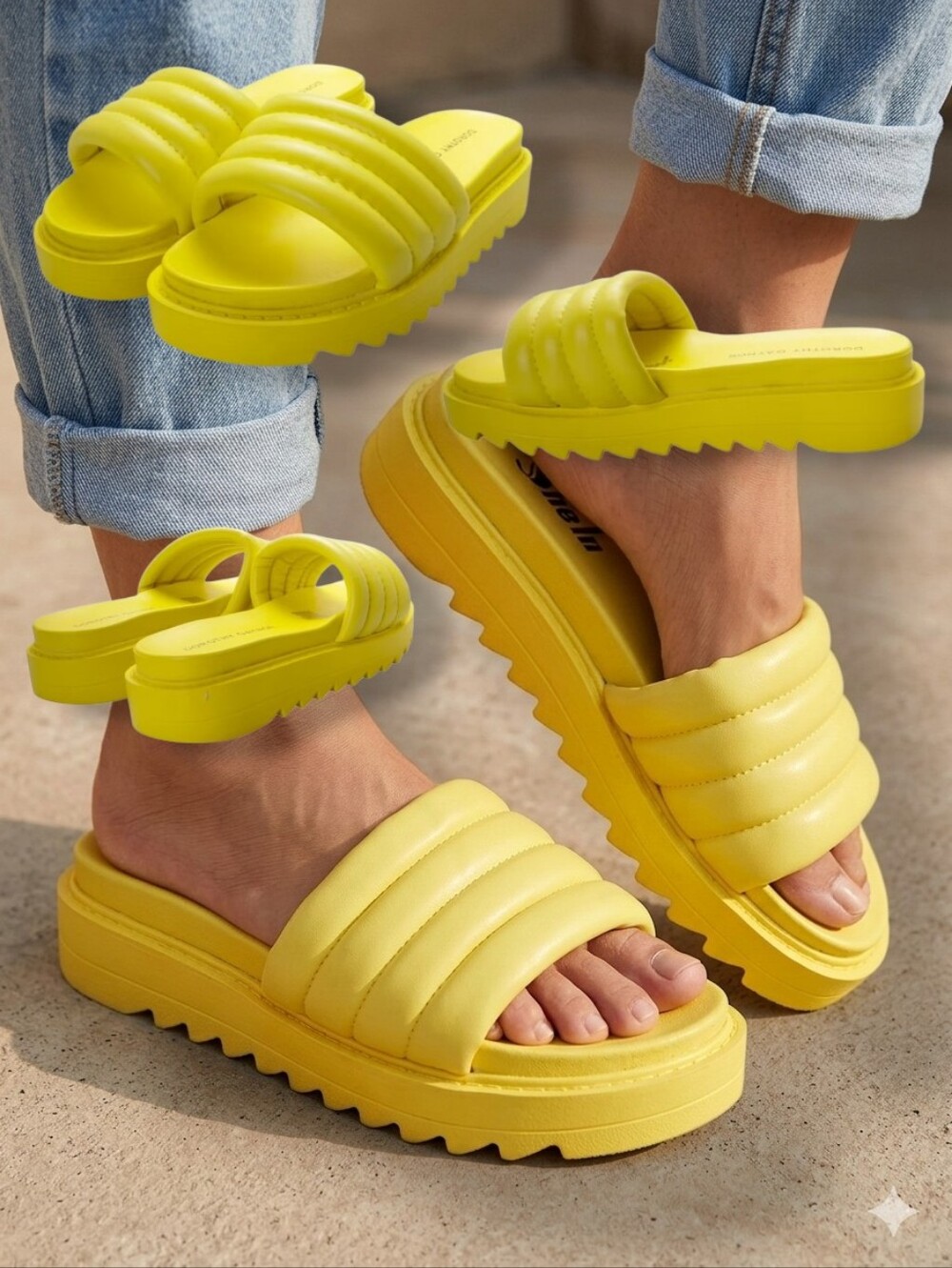New 💛 Women's Yellow Vegan Leather Padded Slip-On Platform Sandals